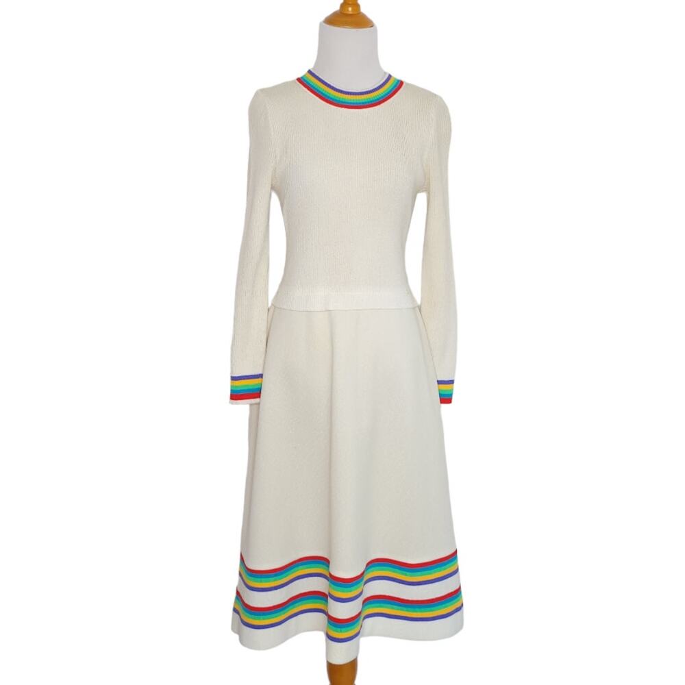Vintage 1970s Women Rainbow Dress Knit Retro Long Sleeves Rare Unique XS